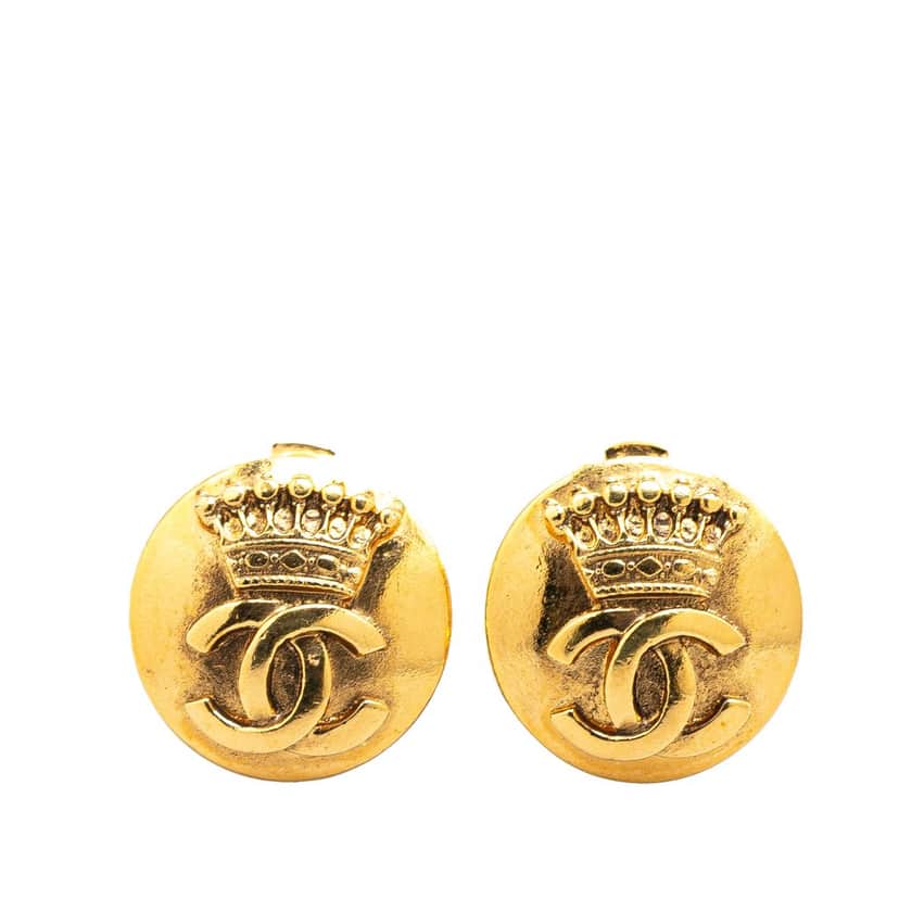 Chanel Gold Plated CC Crown Clip On Earrings Gold Metal Good condition - Front View