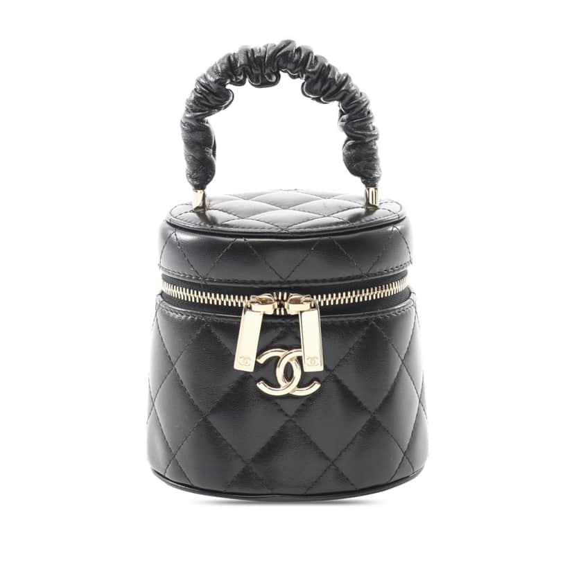 Chanel Mini Quilted Lambskin Ruched Handle Vanity Case Black Leather Good condition - Front View