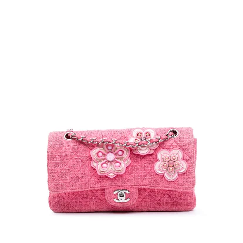 Chanel Medium Classic Tweed Beaded Flower Double Flap Pink Tweed Good condition - Front View