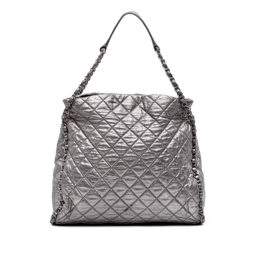Chanel Large Quilted Metallic Calfskin Chain Me Hobo Silver Leather Good condition - Front View