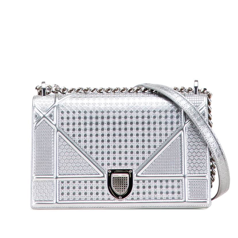 Dior Medium Metallic Patent Microcannage Diorama Flap Silver Leather Good condition - Front View