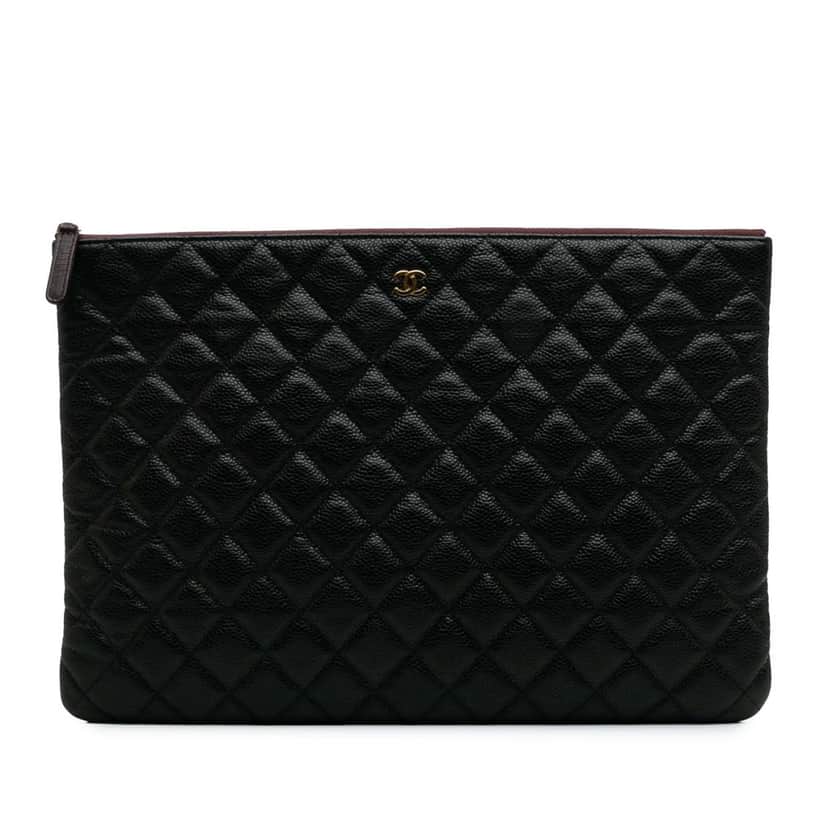Chanel Large Quilted Caviar O Case Clutch Black Leather Good condition - Front View