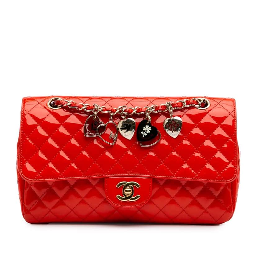 Chanel Medium Classic Patent Valentines Heart Charms Single Flap Red Leather Good condition - Front View