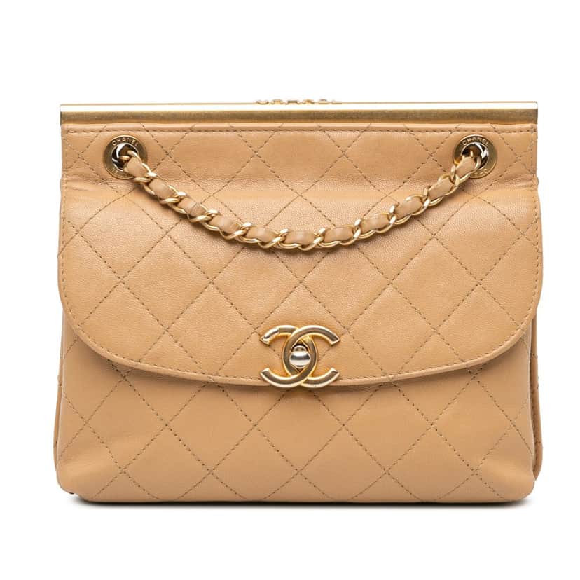 Chanel Quilted Lambskin CC Logo Bar Shoulder Bag Brown Leather Good condition - Front View