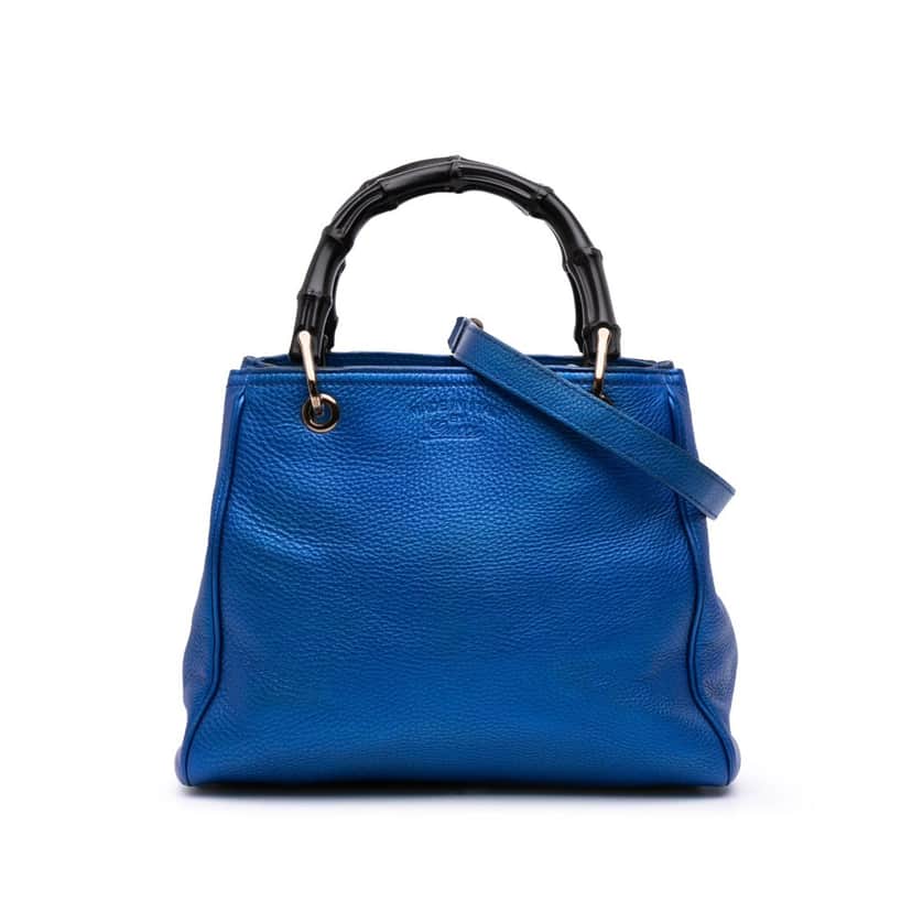 Gucci Small Metallic Calfskin Bamboo Shopper Satchel Blue Leather Good condition - Front View