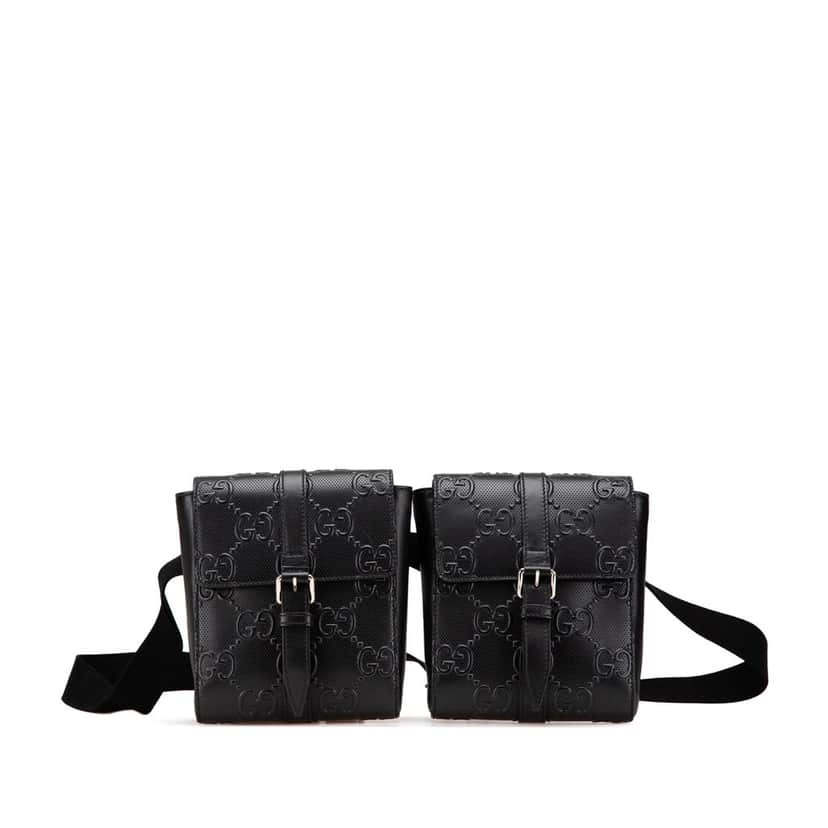 Gucci GG Embossed Perforated Double Belt Bag Black Leather Very good condition - Front View