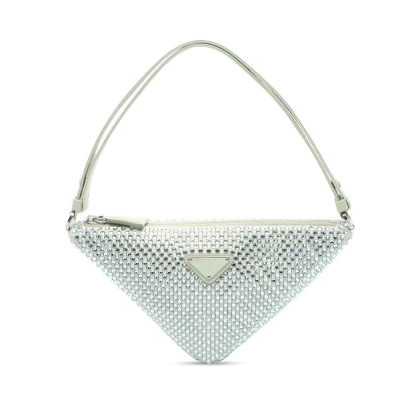 Prada Satin Crystal Embellished Triangle Pouch Green Satin Good condition - Front View