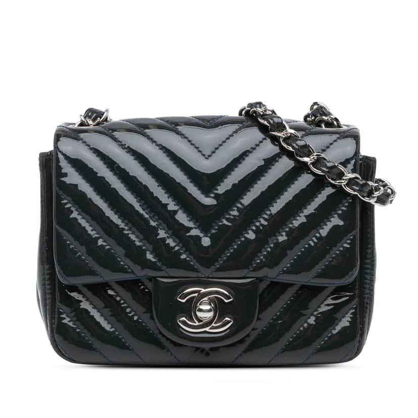 Chanel Mini Square Classic Chevron Patent Flap Blue Leather Very good condition - Front View