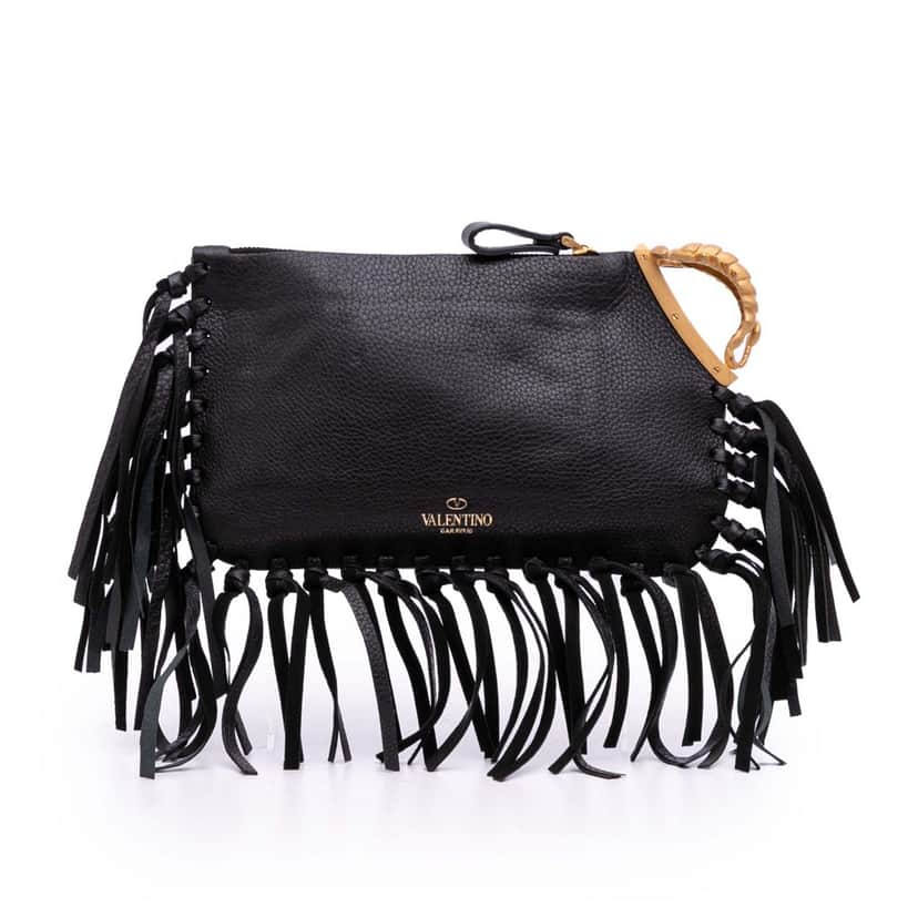 Valentino Grained Calfskin C Rockee Zodiac Fringe Clutch Black Leather Good condition - Front View
