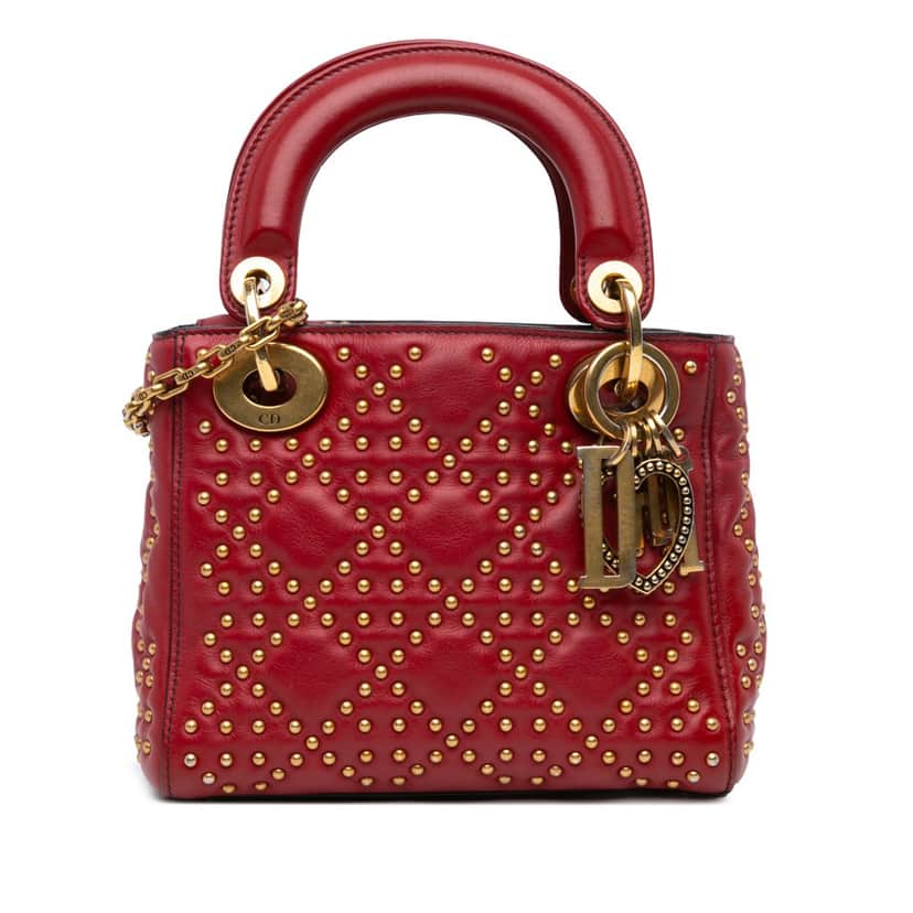 Dior Mini Lambskin Cannage Studded Supple Lady Dior Red Leather Good condition - Front View