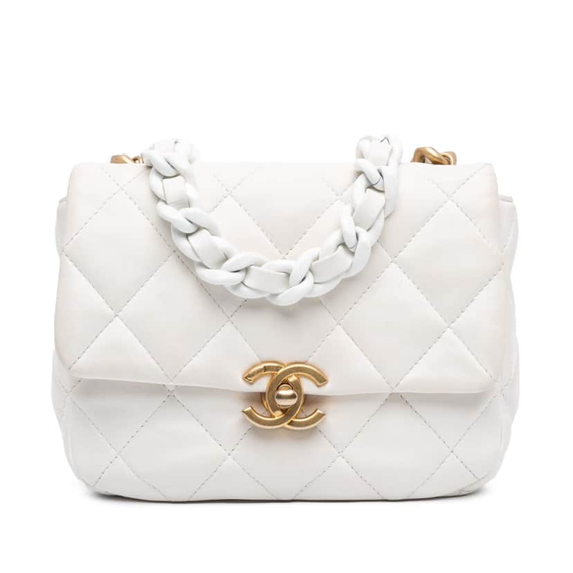Chanel Mini Quilted Lambskin Lacquered Chain Flap White Leather Good condition - Front View