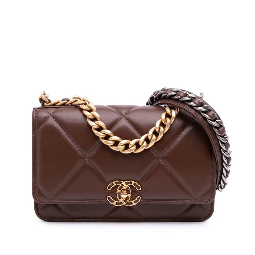 Chanel Quilted Lambskin 19 Wallet on Chain Brown Leather Good condition - Front View