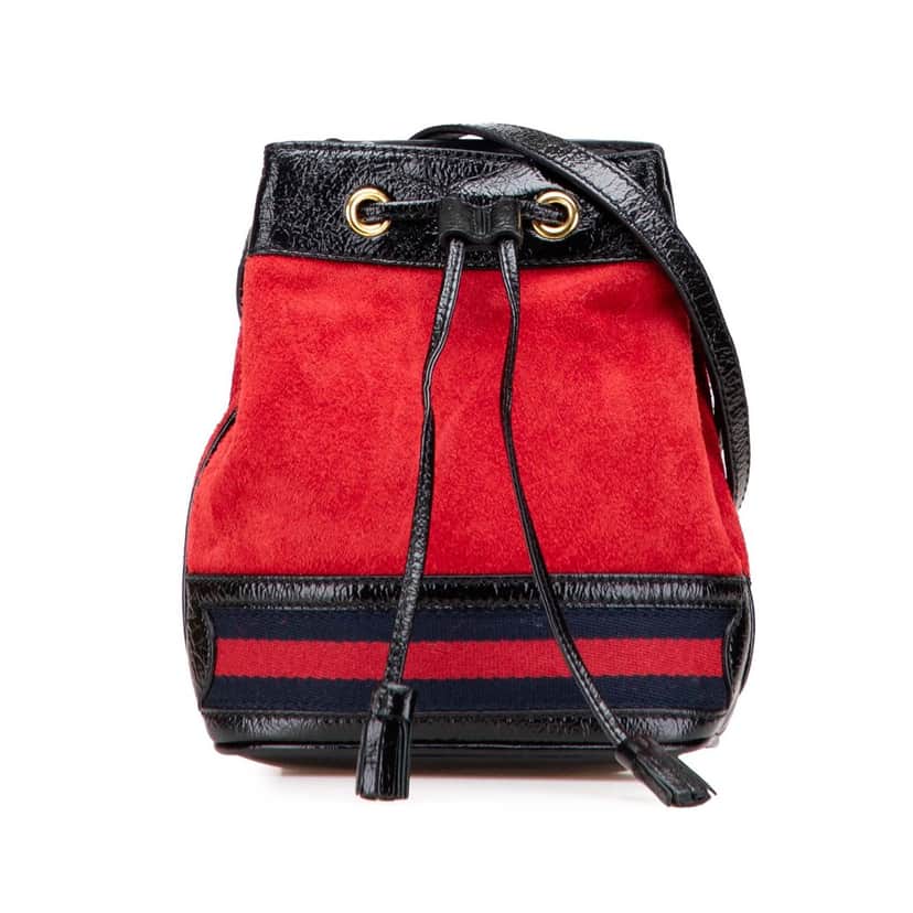 Gucci Mini Suede and Patent Web Ophidia Bucket Bag Red Leather Good condition - Front View