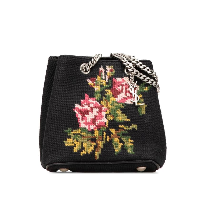 Saint Laurent Baby Embroidered Wool Emmanuelle Bucket Bag Black Wool Good condition - Front View