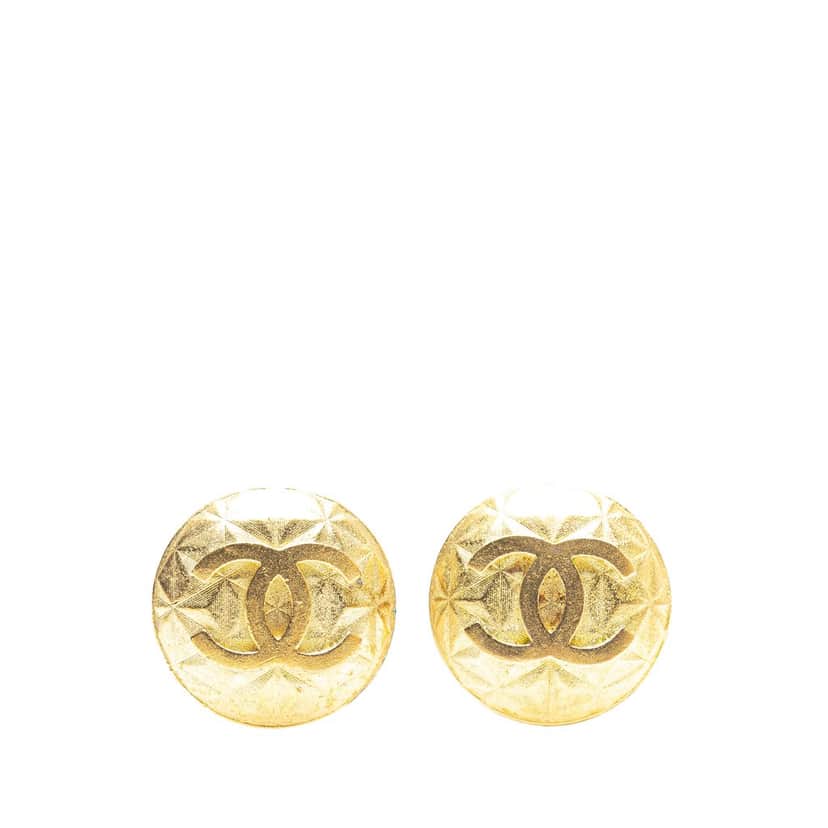 Chanel CC Gold Plated Quilted Button Clip on Earrings Gold Metal Good condition - Front View