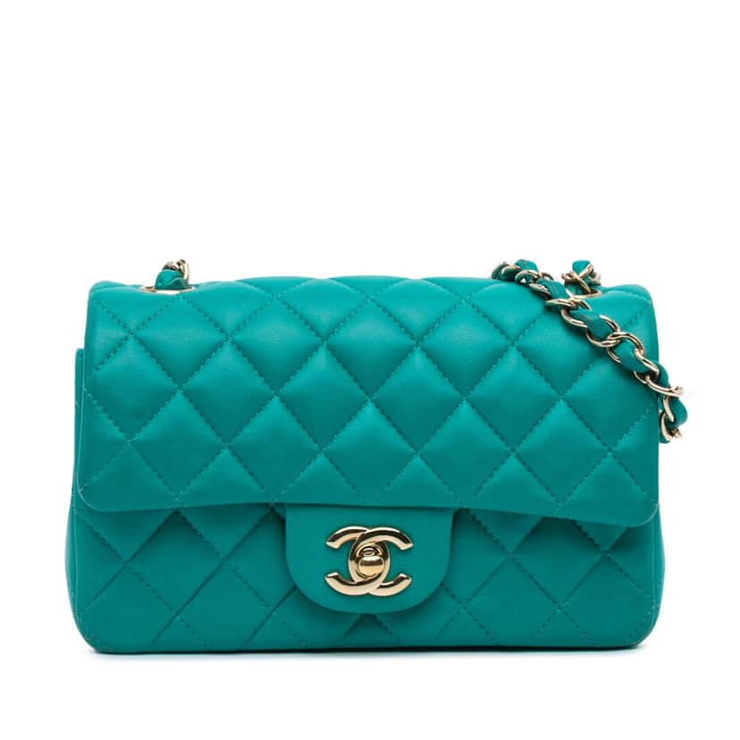 Chanel Mini Rectangular Classic Lambskin Single Flap Blue Leather Fair condition - Front View