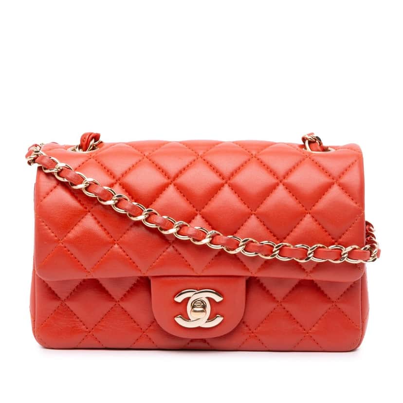 Chanel Mini Rectangular Classic Lambskin Single Flap Orange Leather Good condition - Front View