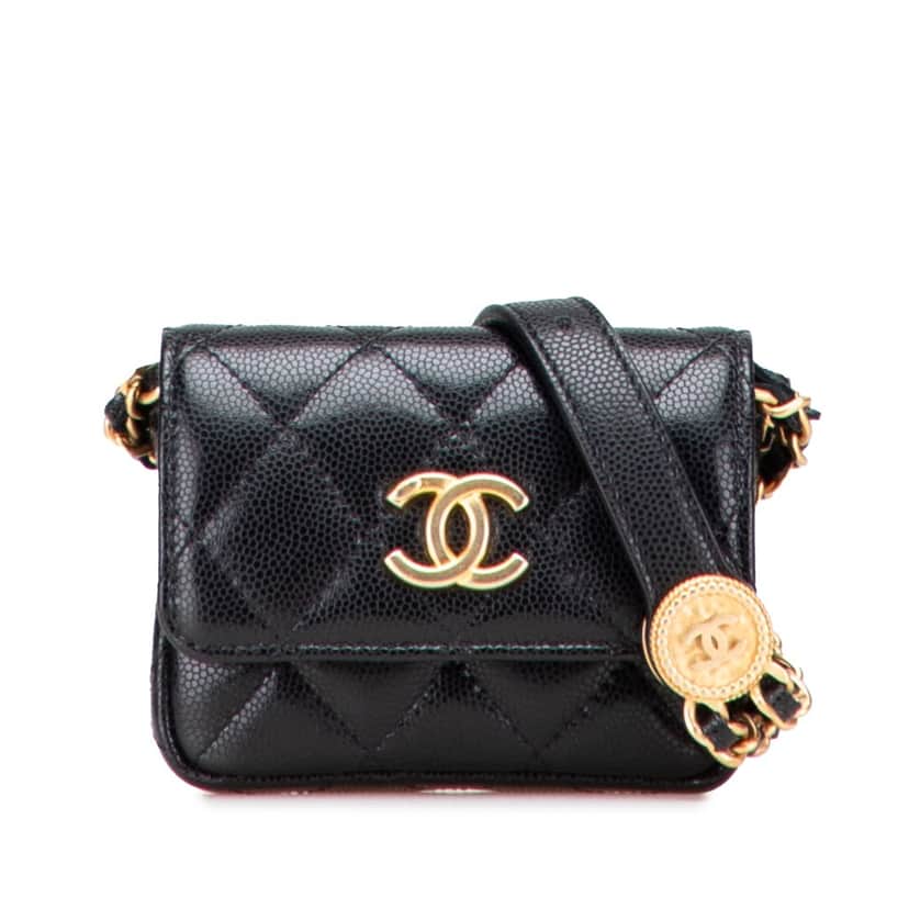 Chanel Quilted Caviar Twist Your Buttons Flap Chain Belt Bag Black Leather Good condition - Front View