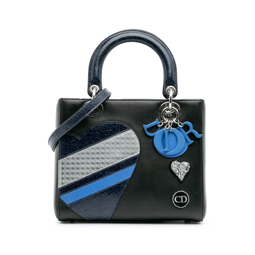 Dior Medium Calfskin Patent Embroidered Valentines Day Heart Lady Dior Black Leather Good condition - Front View