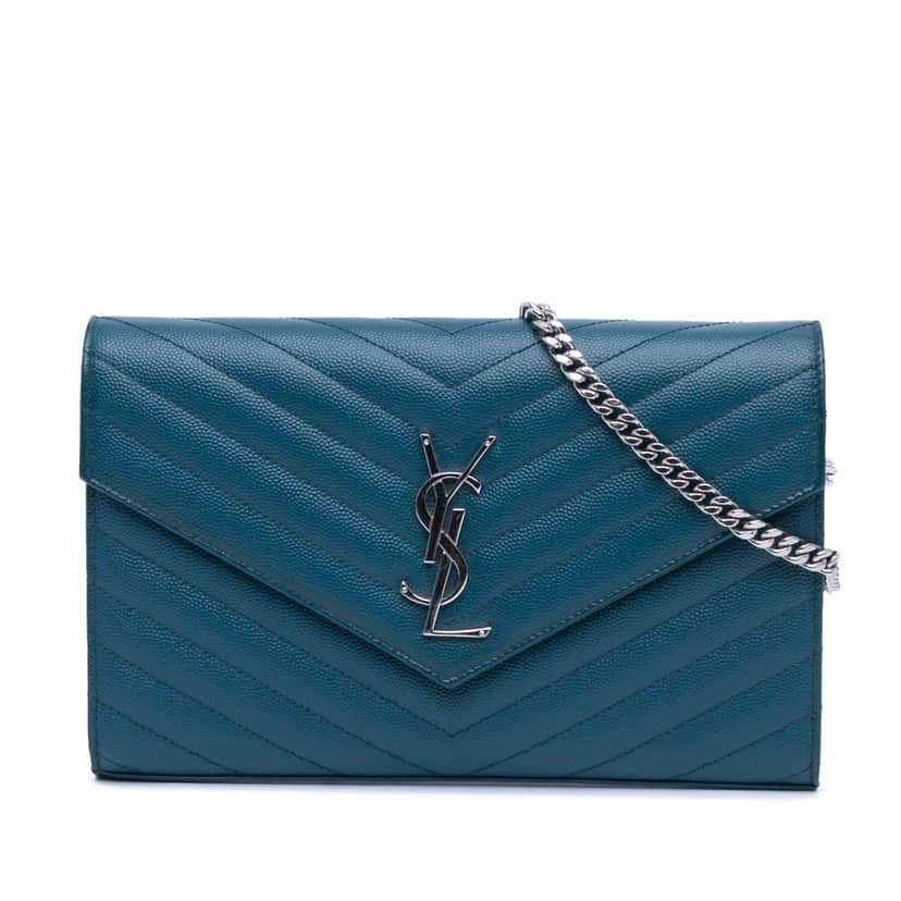 Saint Laurent Grain De Poudre Matelasse Chevron Monogram Chain Wallet Blue Leather Good condition - Front View