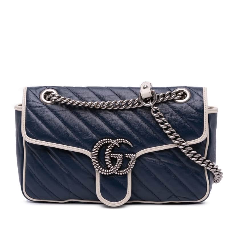 Gucci Small GG Marmont Matelasse Leather Torchon Flap Crossbody Blue Leather Good condition - Front View