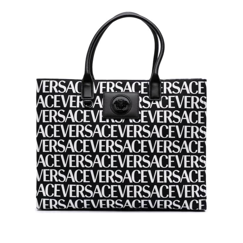 Versace Canvas Logo Print Tote Black Canvas Good condition - Front View