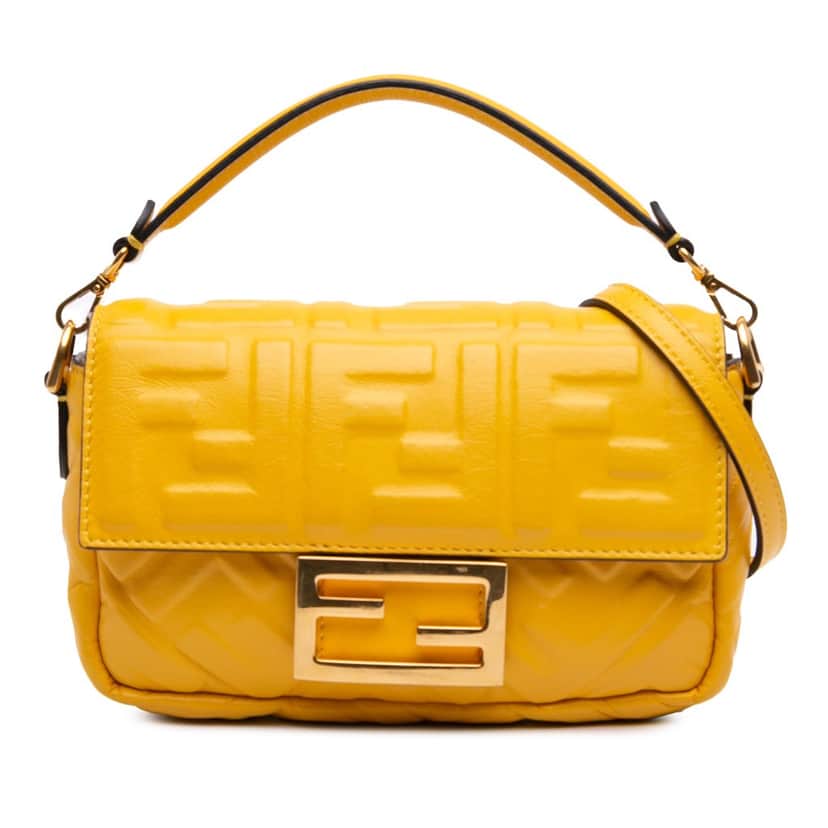 Fendi Mini Zucca Embossed Leather Baguette Satchel Yellow Leather Good condition - Front View