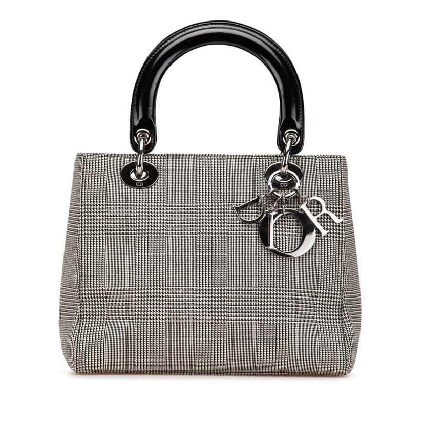 Dior Medium Canvas Houndstooth Lady Dior Grey Canvas Good condition - Front View