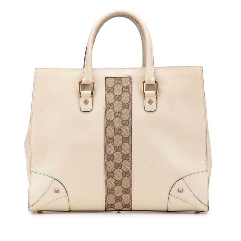 Gucci Calfskin and GG Canvas Nailhead Tote White Leather Good condition - Front View