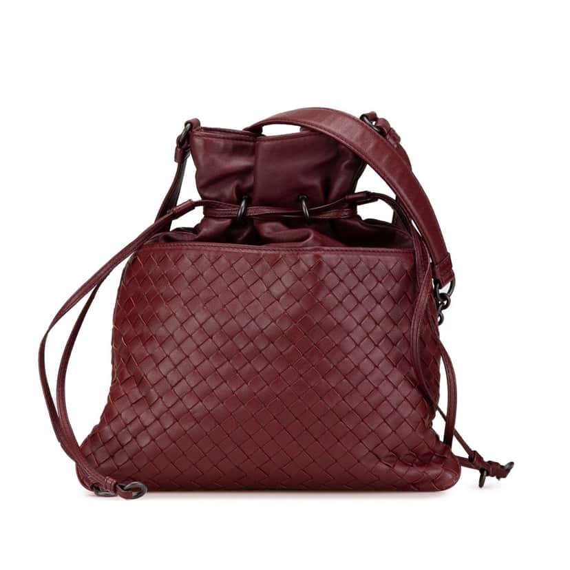 Bottega Veneta Nappa Intrecciato Drawstring Crossbody Red Leather Good condition - Front View
