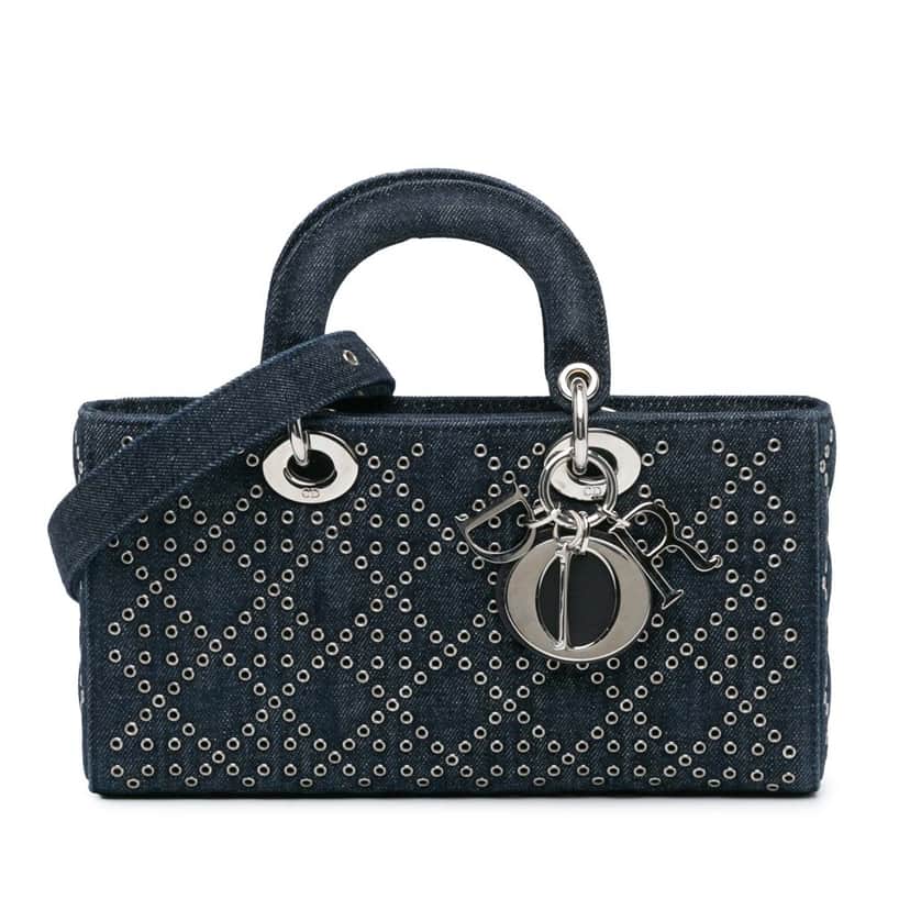 Dior Medium Denim Cannage Eyelet Lady D Joy Blue Denim Good condition - Front View