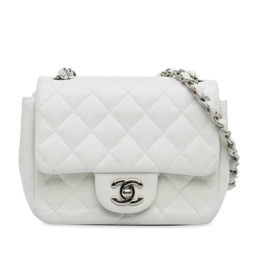 Chanel Mini Square Classic Caviar Single Flap White Leather Fair condition - Front View