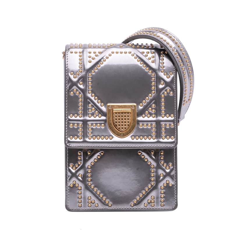 Dior Metallic Studded Calfskin Vertical Diorama Silver Leather Good condition - Front View