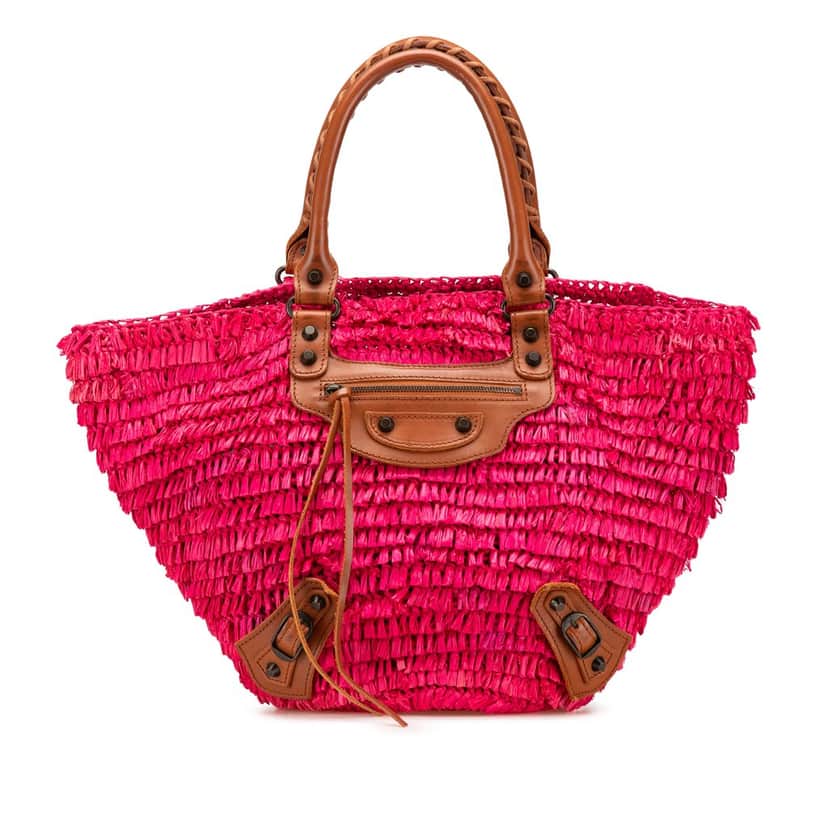 Balenciaga Small Raffia Motocross Panier Basket Tote Pink Good condition - Front View