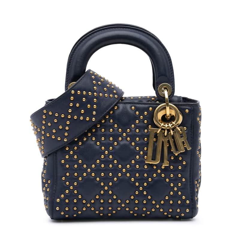 Dior Mini Lambskin Cannage Studded Supple Lady Dior Blue Leather Good condition - Front View