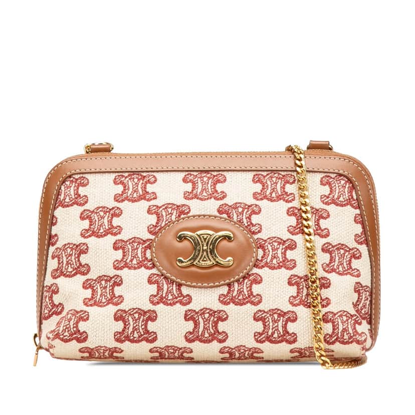 Celine Triomphe Embroidered Canvas Clutch On Chain Brown Canvas Good condition - Front View