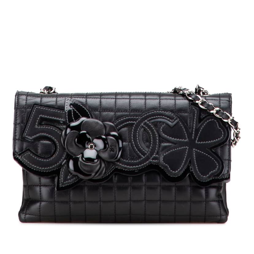 Chanel Choco Bar Calfskin No. 5 Camellia CC Shoulder Bag Black Leather Good condition - Front View