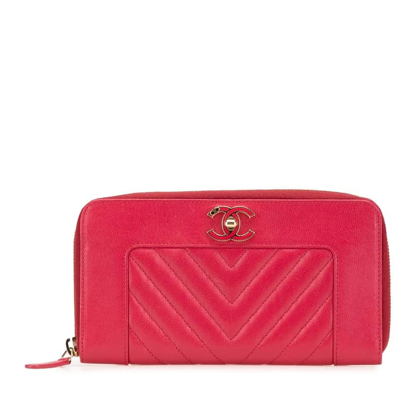Chanel Chevron Sheepskin Mademoiselle Zip Around Wallet Red Leather Good condition - Front View