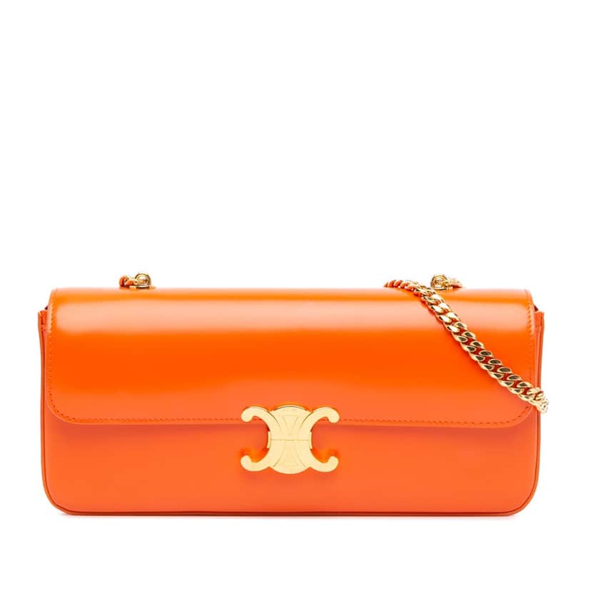 Celine Smooth Calfskin Triomphe Chain Shoulder Bag Orange Leather Good condition - Front View