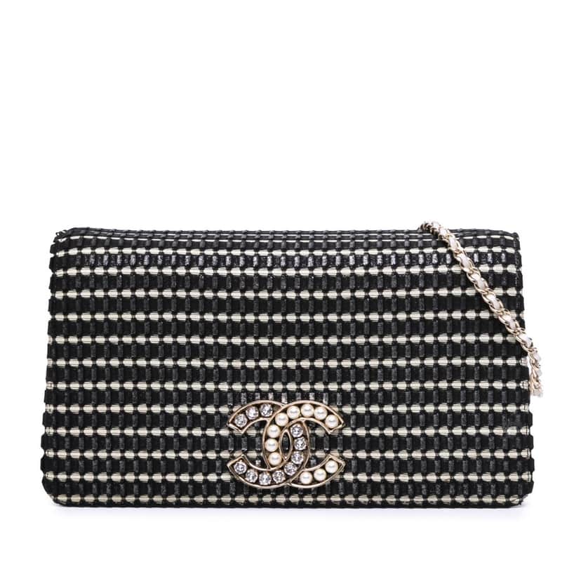 Chanel CC Bicolor Woven Lambskin Crystal Pearl Flap Black Leather Good condition - Front View
