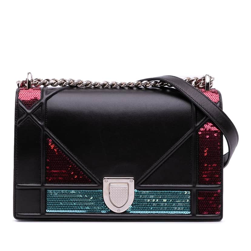 Dior Medium Lambskin Sequin Diorama Flap Black Leather Good condition - Front View