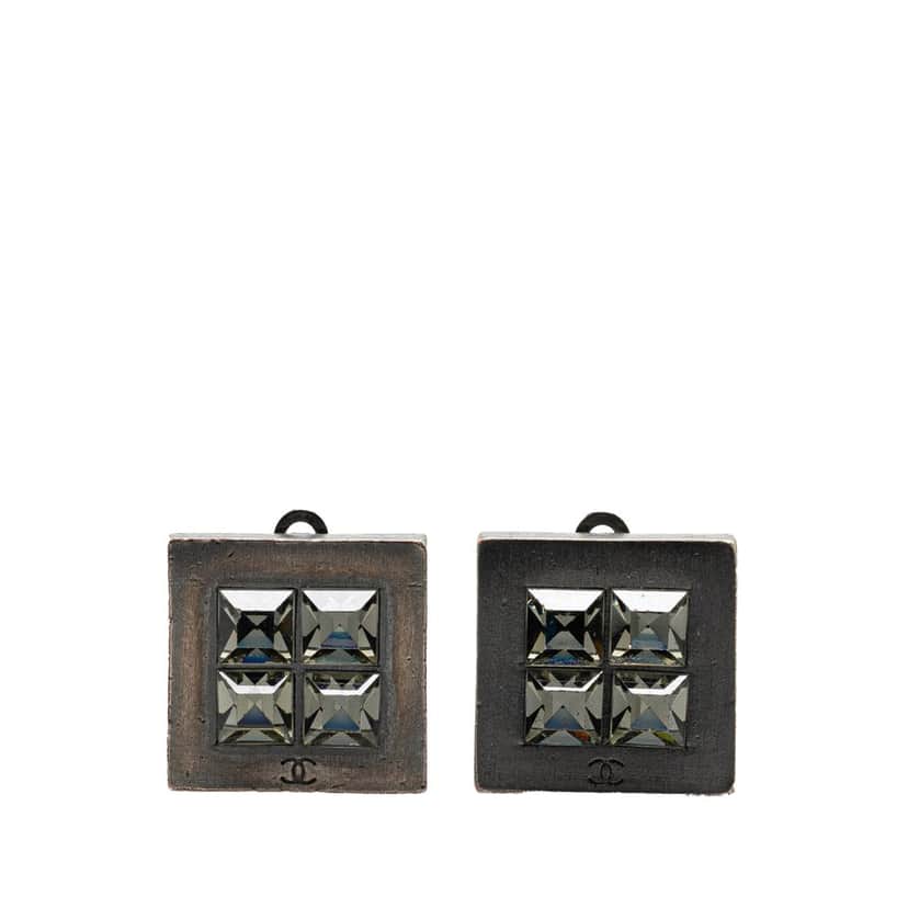 Chanel Silver Plated Square Crystal Clip On Earrings Silver Silver Good condition - Front View