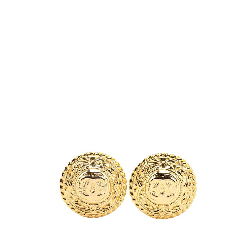 Chanel Gold Plated CC Round Clip On Earrings Gold Metal Good condition - Front View
