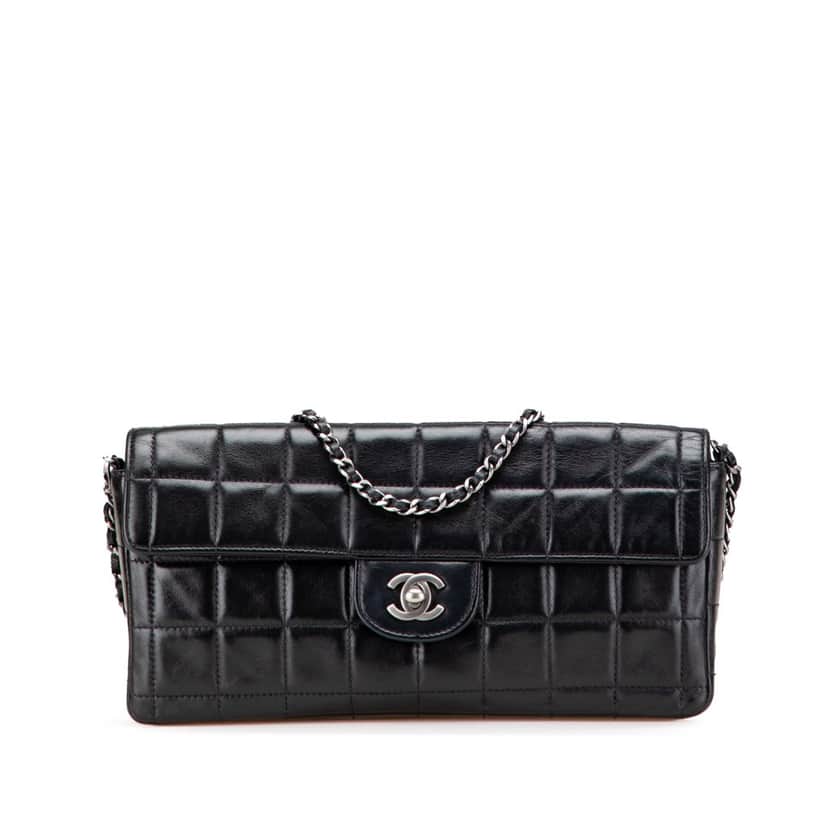 Chanel Chocolate Bar Lambskin East West Flap Black Leather Good condition - Front View