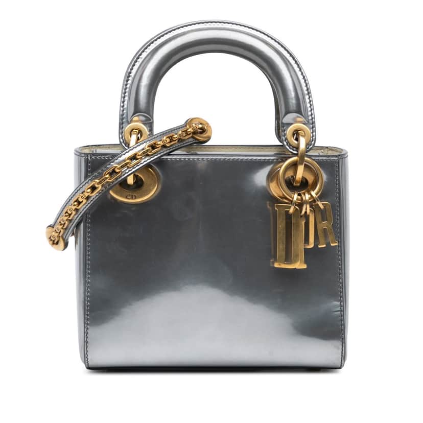Dior Mini Metallic Glazed Calfskin Lady Dior Silver Leather Good condition - Front View