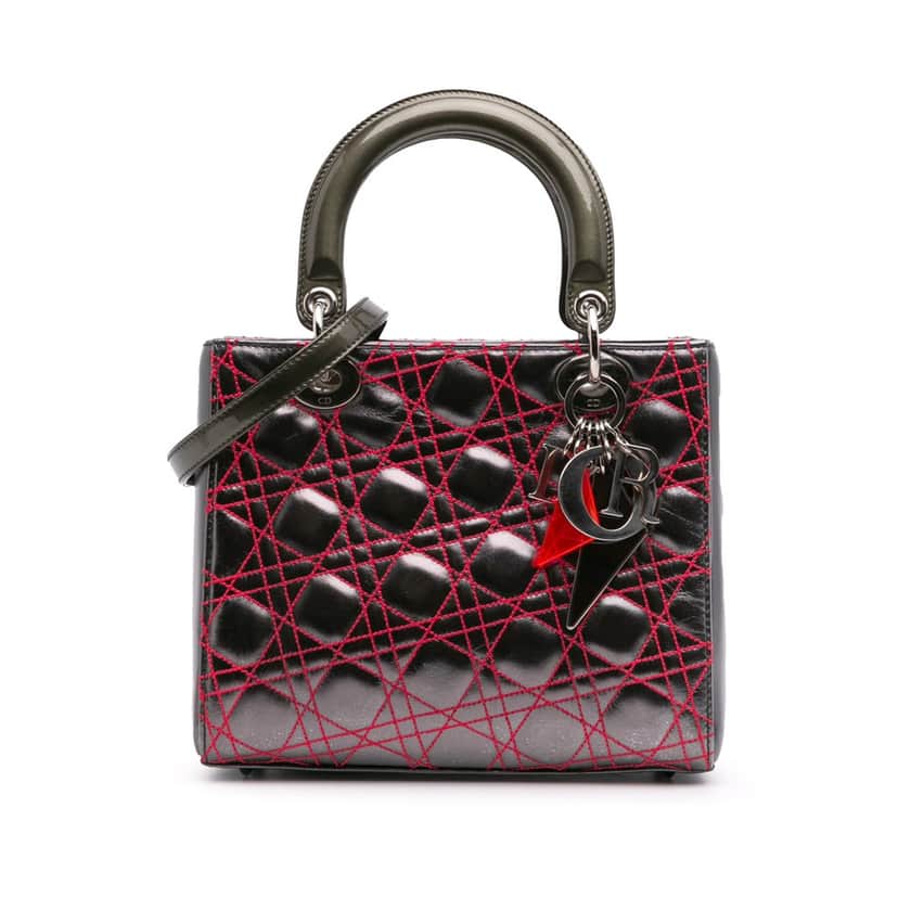 Dior Anselm Reyle Medium Metallic Lambskin Cannage Lady Dior Grey Leather Good condition - Front View