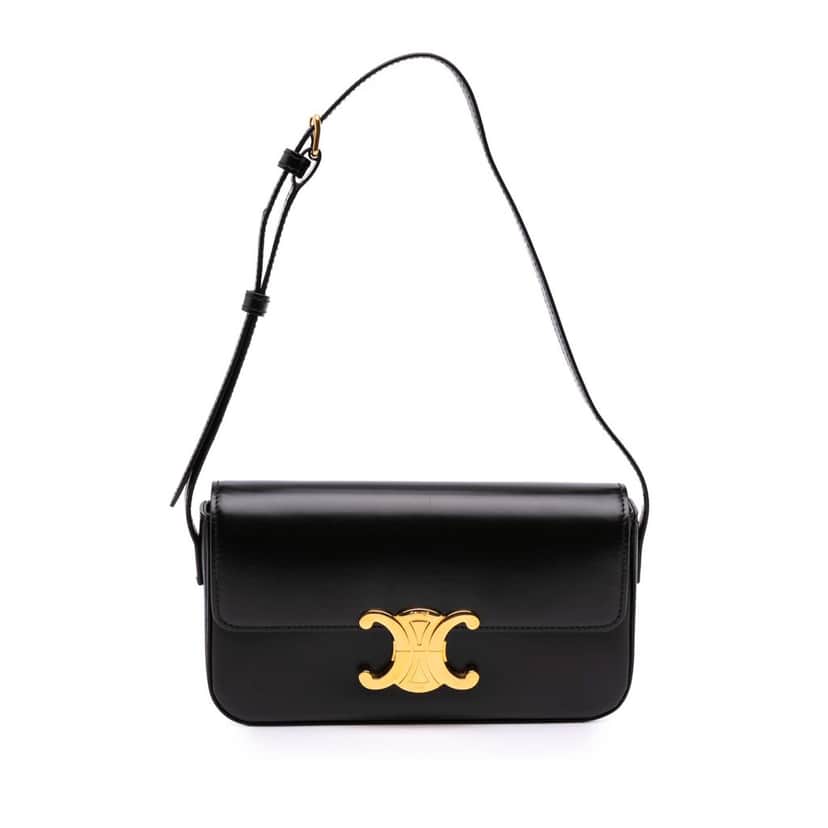Celine Shiny Calfskin Claude Shoulder Bag Black Leather Good condition - Front View
