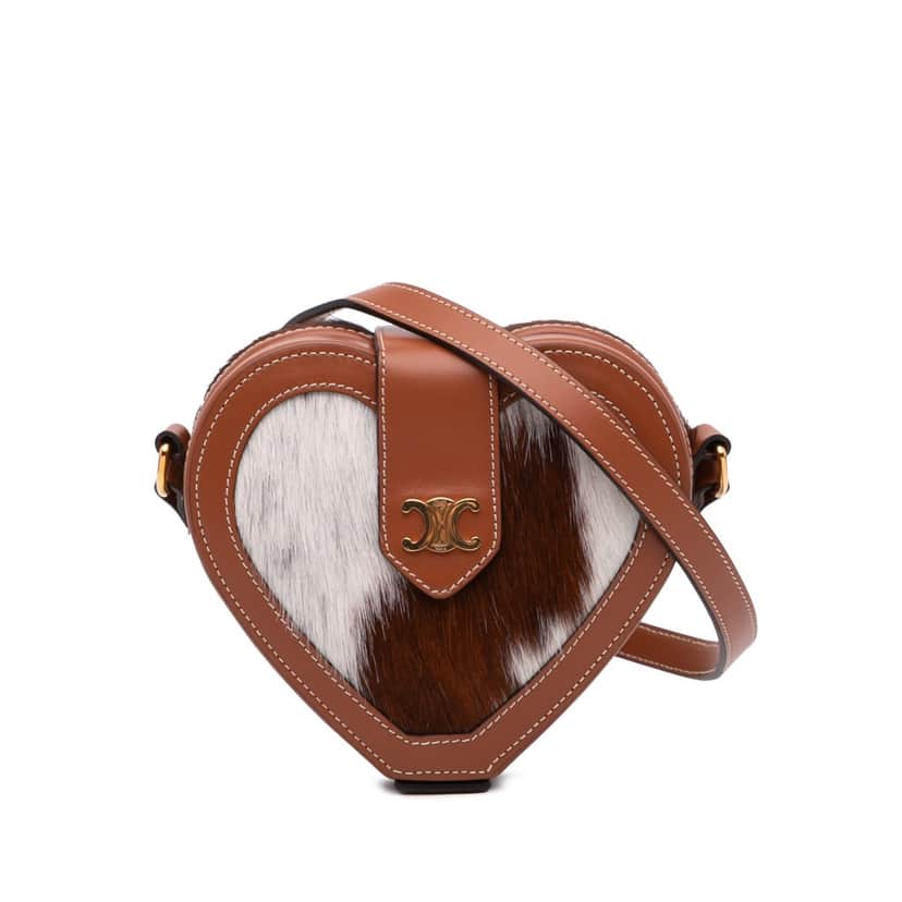 Celine Calfskin and Pony Hair Triomphe Heart Tambour Crossbody Brown Good condition - Front View