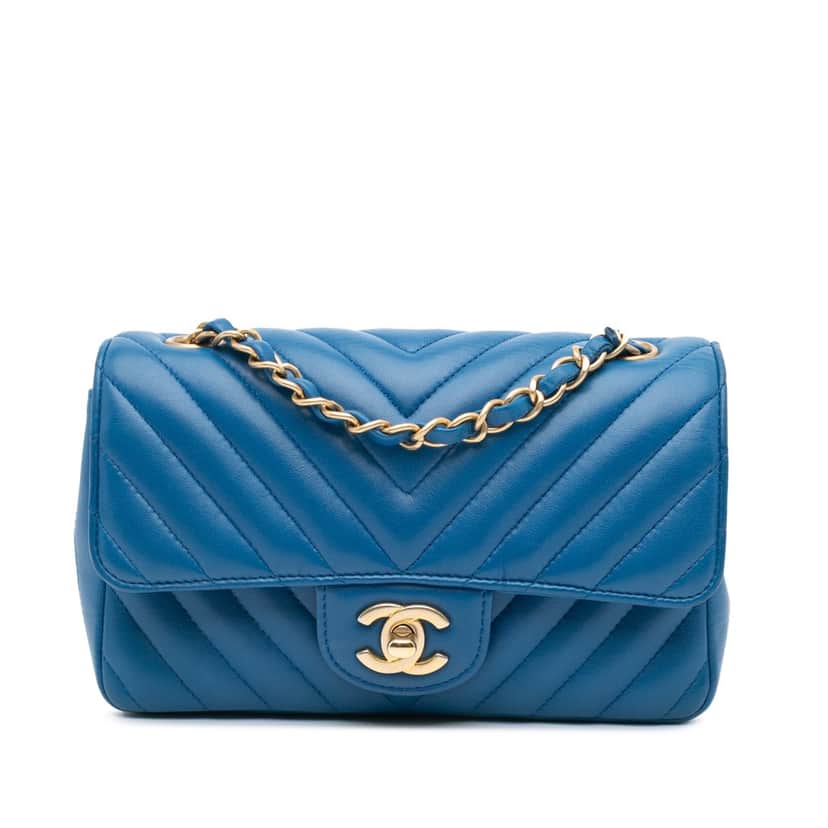 Chanel Mini Rectangular Classic Chevron Lambskin Single Flap Blue Leather Good condition - Front View