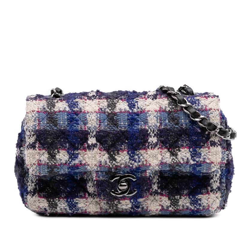 Chanel Mini Rectangular Classic Tweed Single Flap Blue Tweed Good condition - Front View